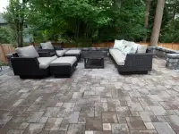 Geometric concrete paver patio room.