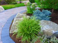 Large rocks bordering walkway.
