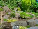 Stacked boulder retaining wall with terraced hillside planting beds, low-growing shrubs, and ornamental ground cover with mature trees above